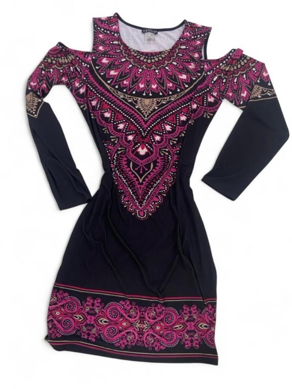 VENUS Black Cold-Shoulder Dress with Pink Medallion Print